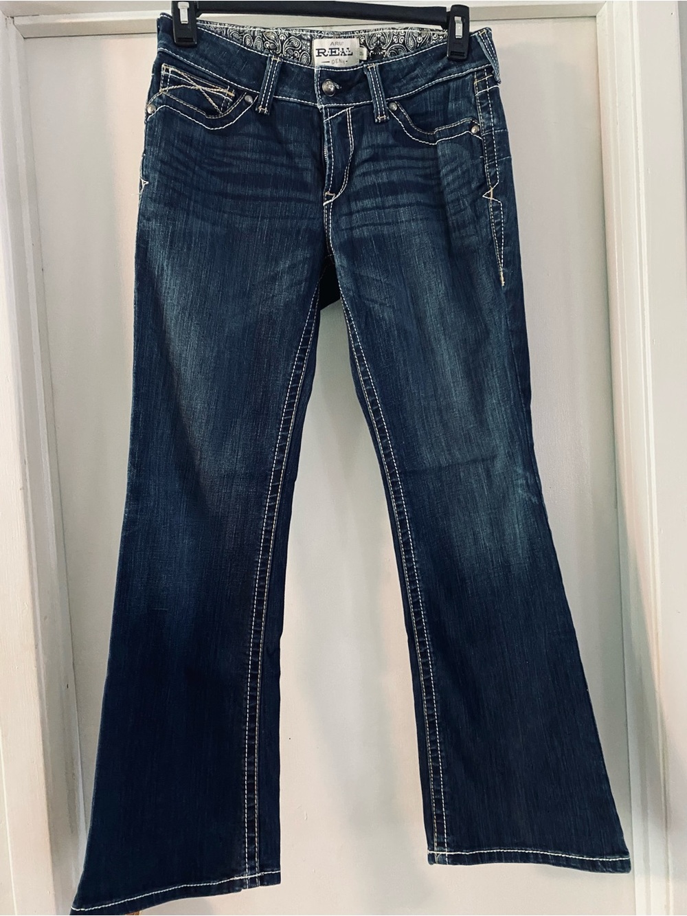 Ariat Indigo Boot Cut Jeans with White Contrast Stitching 30 inseam